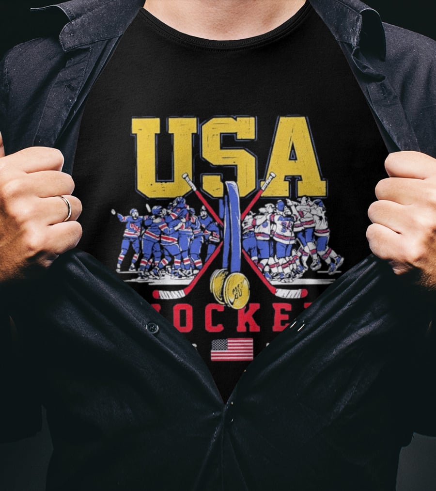 USA Hockey 2026 Milan Gold Medal Celebration Team USA Flag T-Shirt