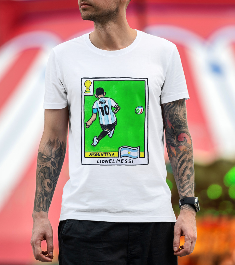 Lionel Messi Argentina Number 10 Football Card With World Cup And National Flag T-Shirt