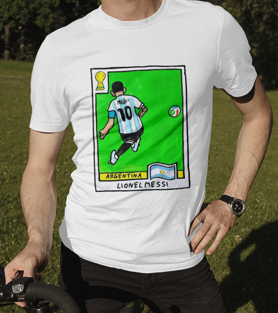 Lionel Messi Argentina Number 10 Football Card With World Cup And National Flag T-Shirt