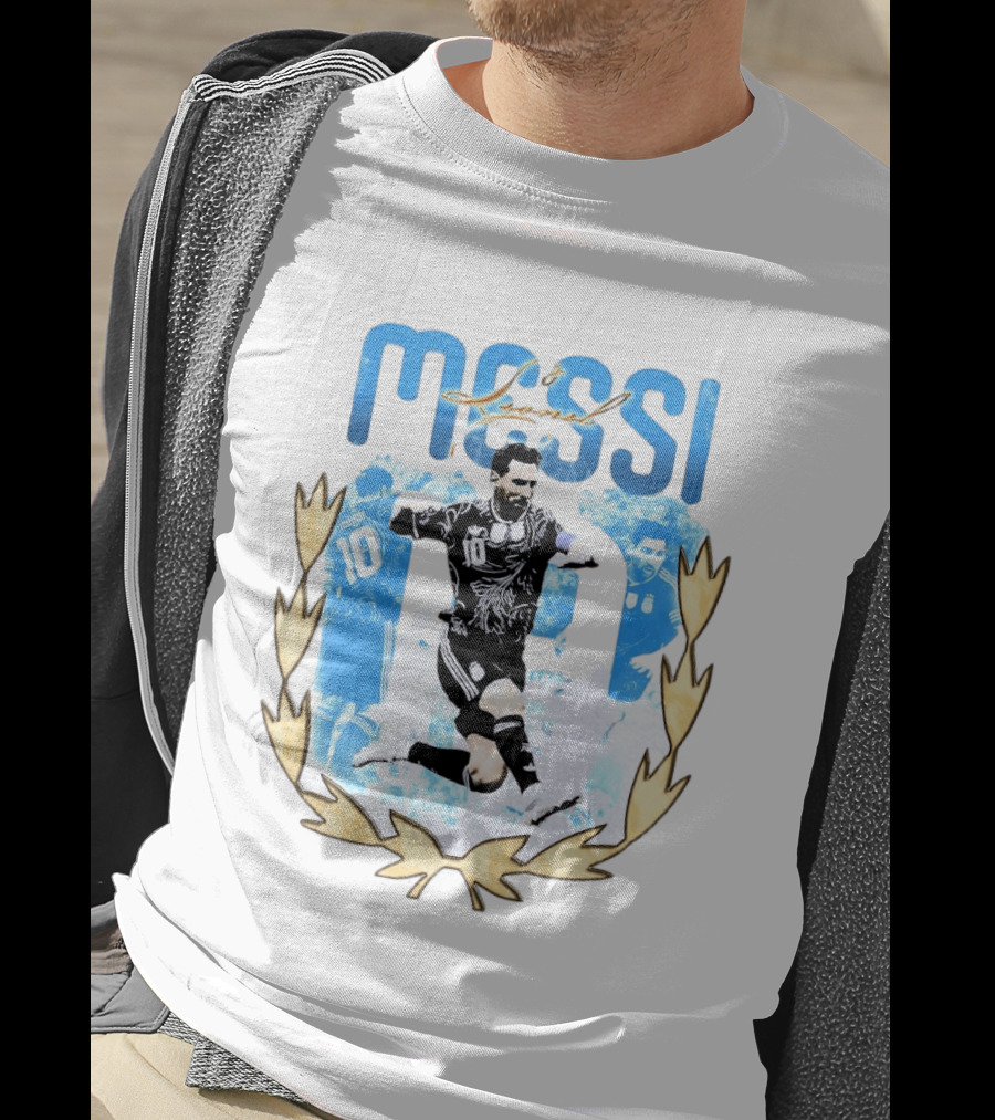 Messi 10 Sliding Celebration With Gold Laurel Wreath T-Shirt