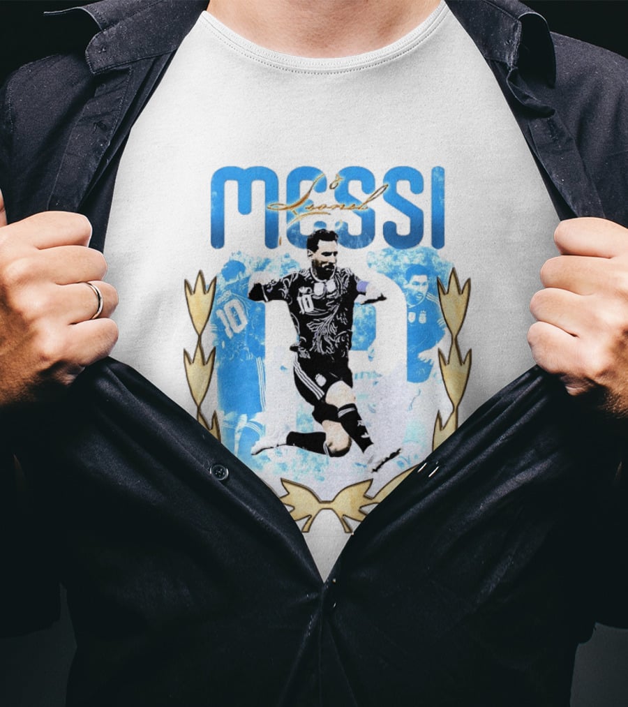 Messi 10 Sliding Celebration With Gold Laurel Wreath T-Shirt