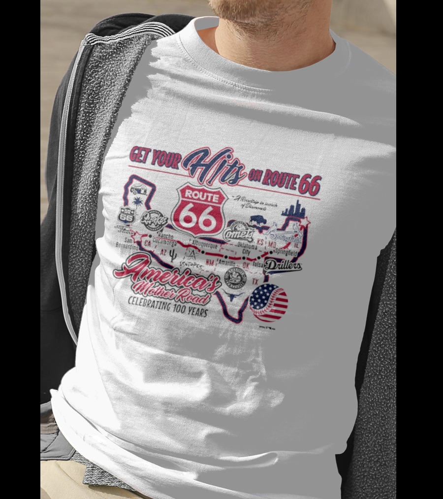 Get Your Hits On Route 66 America's Mother Road Celebrating 100 Years Baseball Map T-Shirt