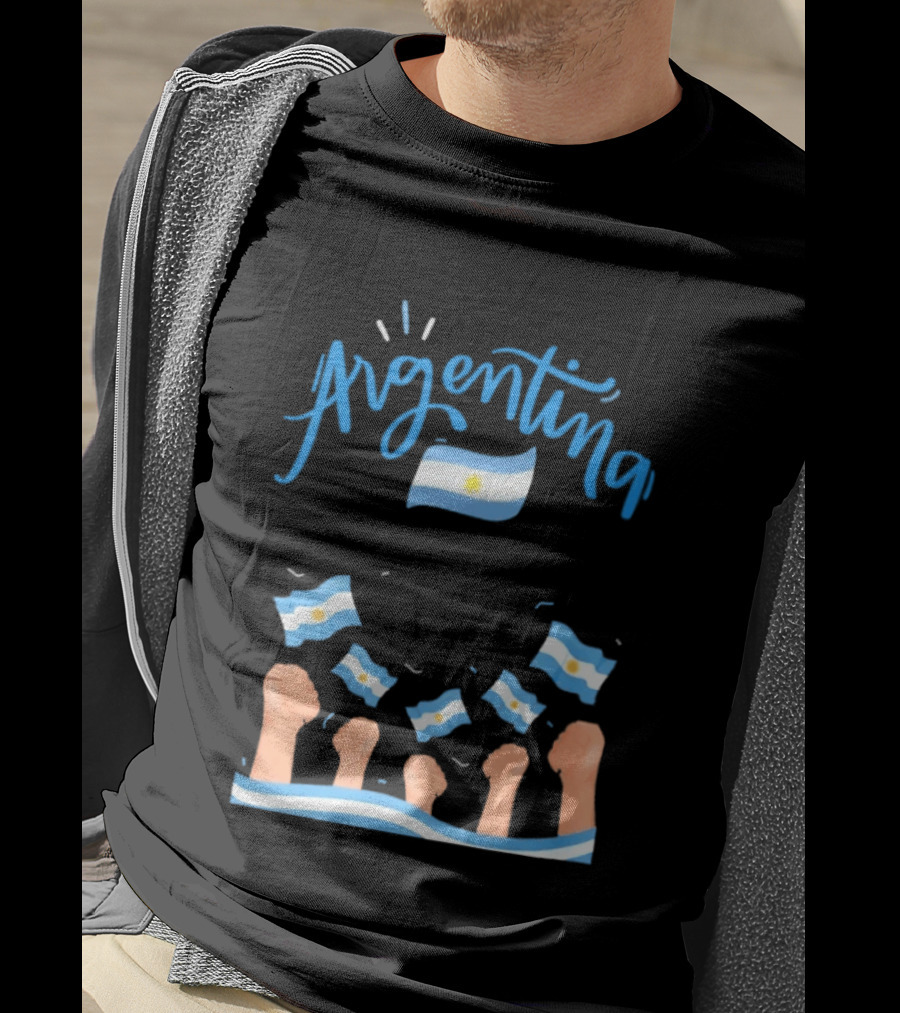 Argentina Celebration Raised Fists Waving Flags Enthusiastic Spirit T-Shirt