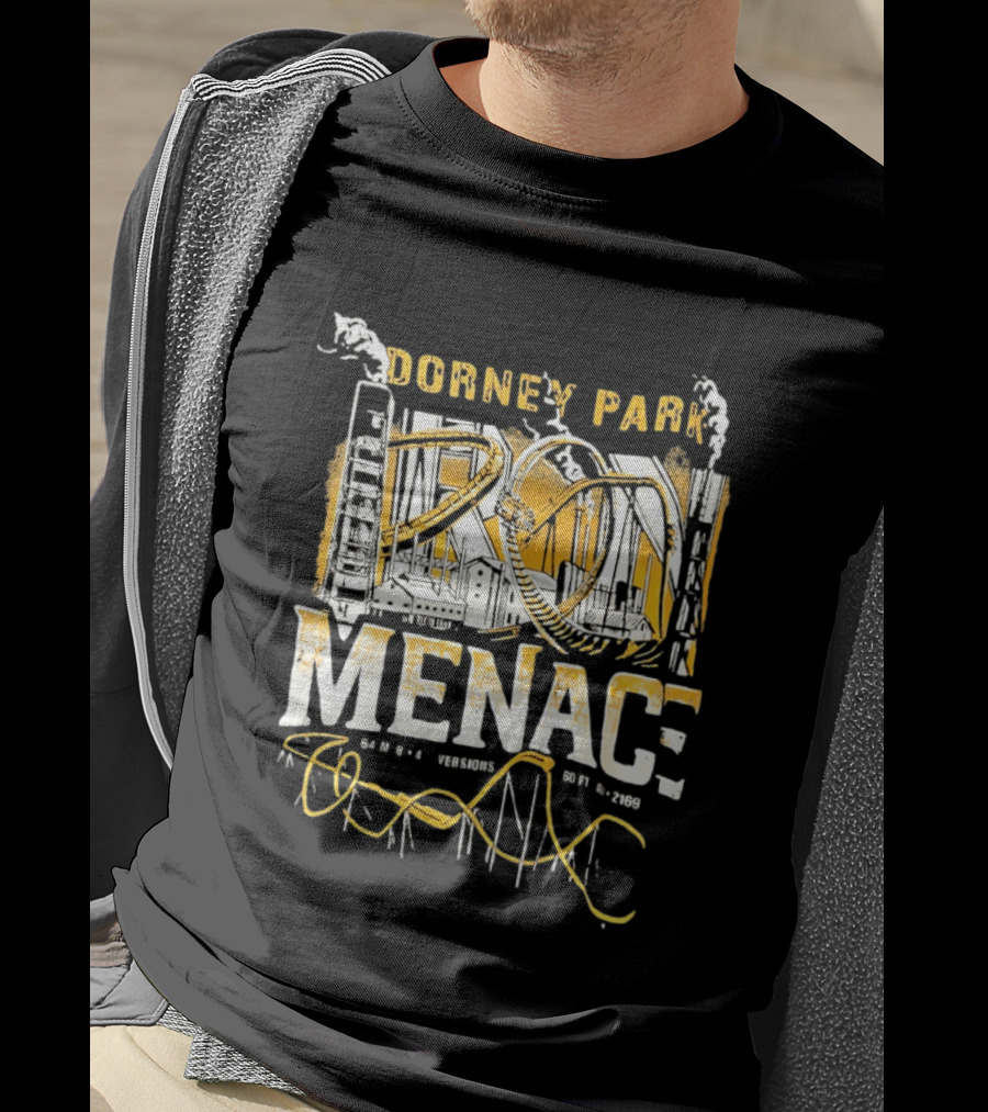 Dorney Park Iron Menace 64 Mph 4 Inversions 160 Ft Tall 2169 Ft Industrial Adventure T-Shirt
