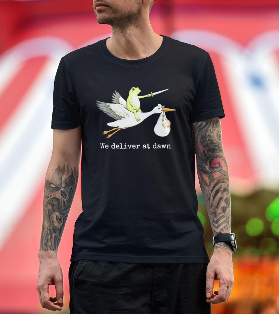 Frog Riding Stork With Sword We Deliver At Dawn T-Shirt
