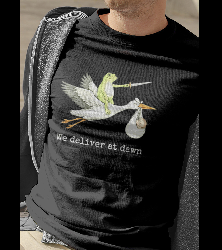 Frog Riding Stork With Sword We Deliver At Dawn T-Shirt