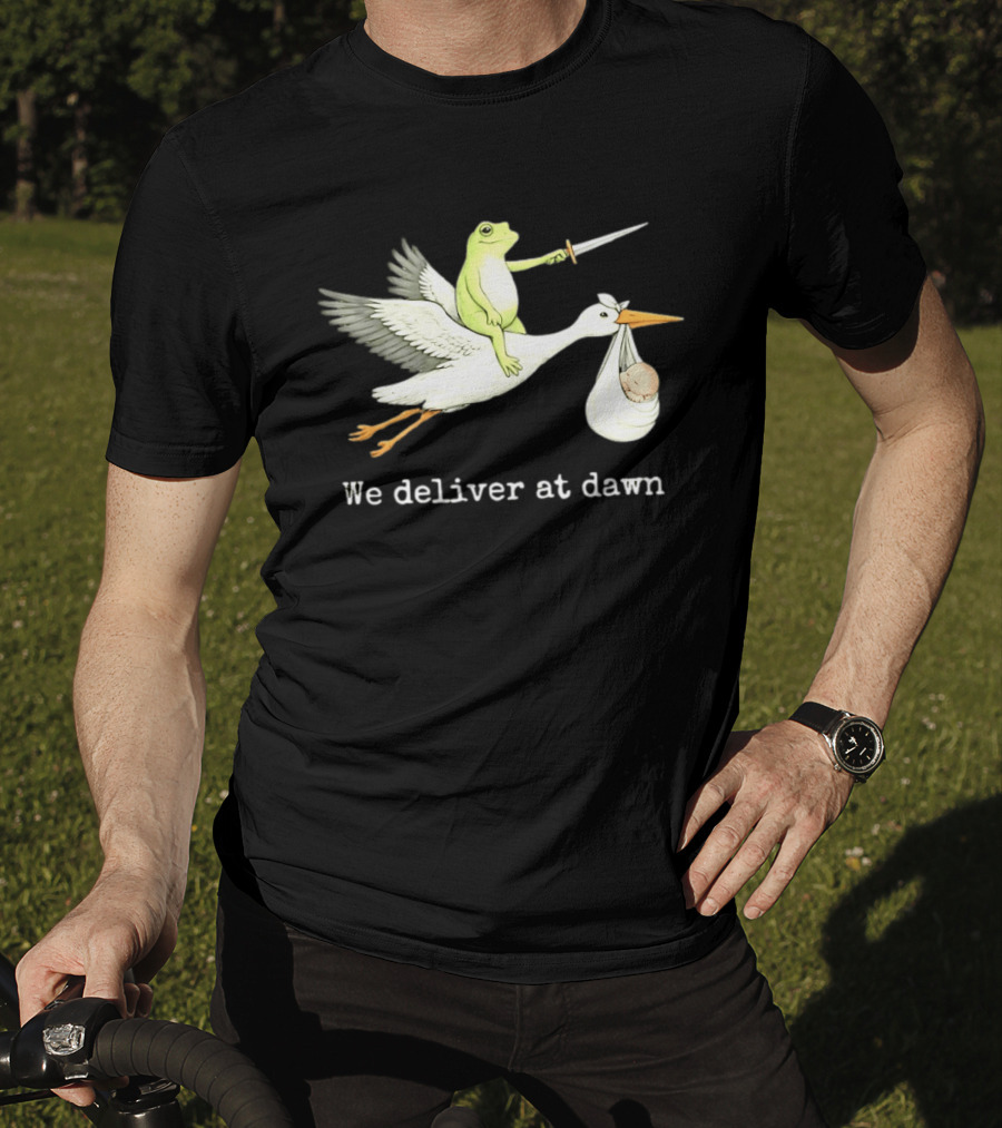 Frog Riding Stork With Sword We Deliver At Dawn T-Shirt