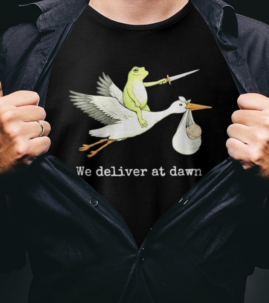 Frog Riding Stork With Sword We Deliver At Dawn T-Shirt
