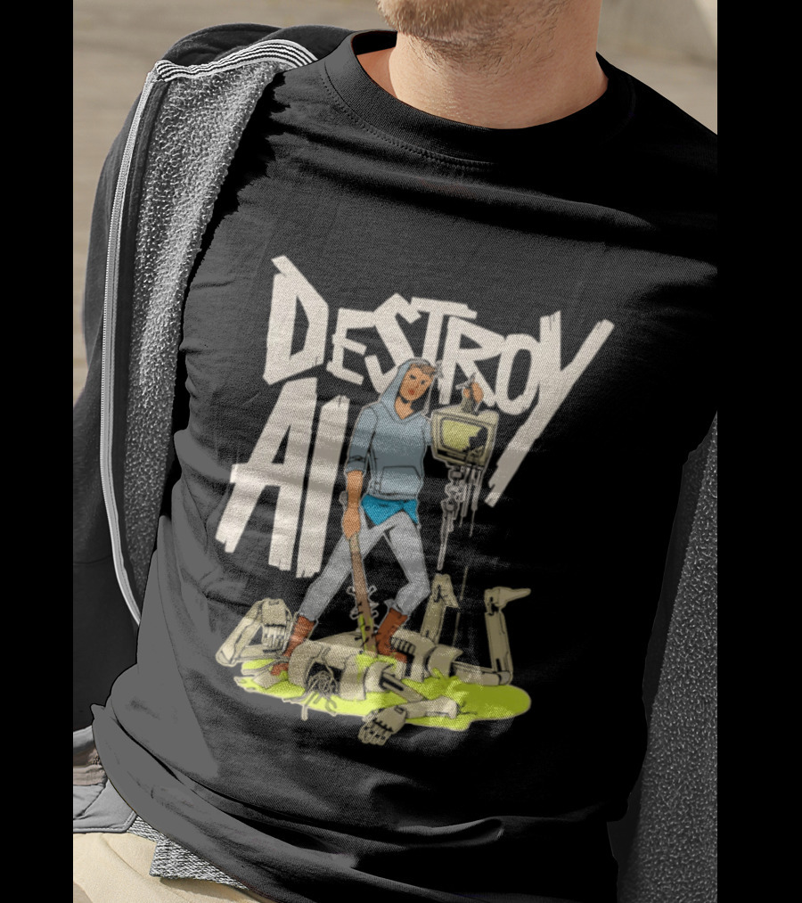 Destroy AI Sci Fi Cyberpunk Robot Resistance Heroic Battle Scene T-Shirt
