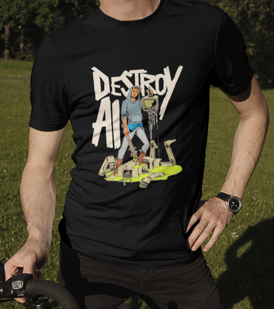 Destroy AI Sci Fi Cyberpunk Robot Resistance Heroic Battle Scene T-Shirt