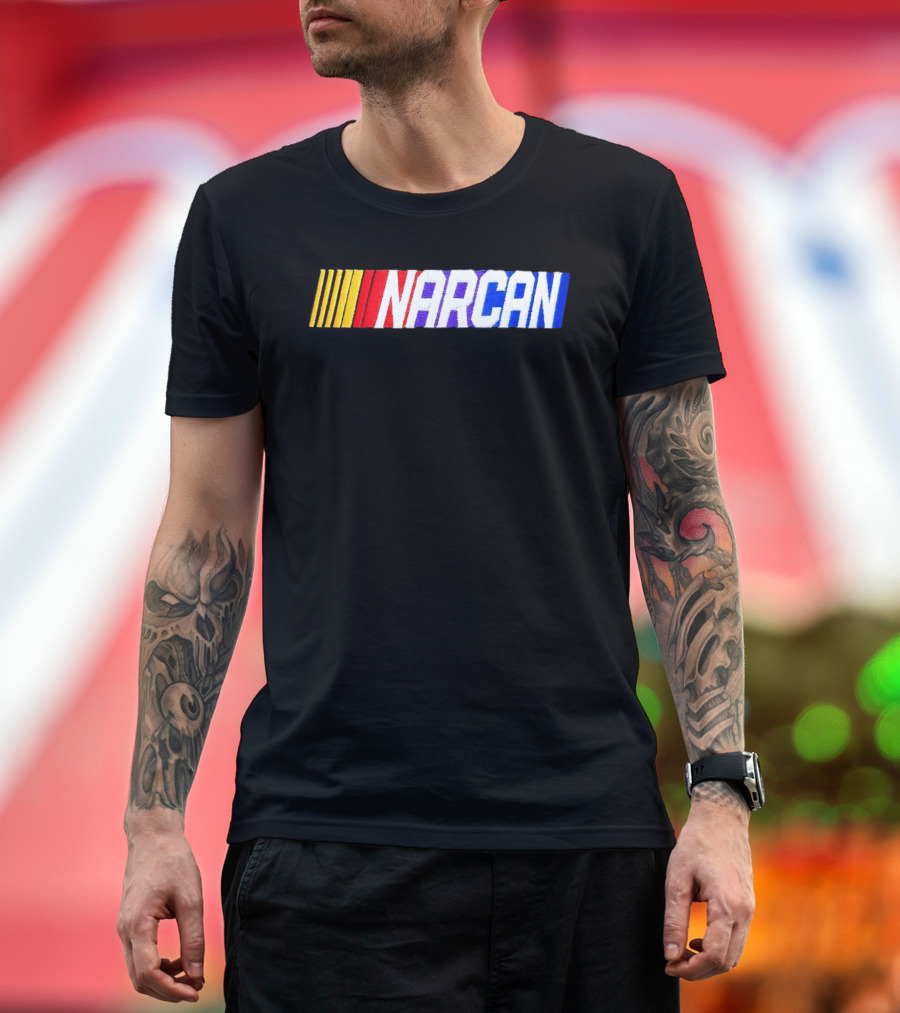 NASCAR Style NARCAN Text With Racing Stripes T-Shirt
