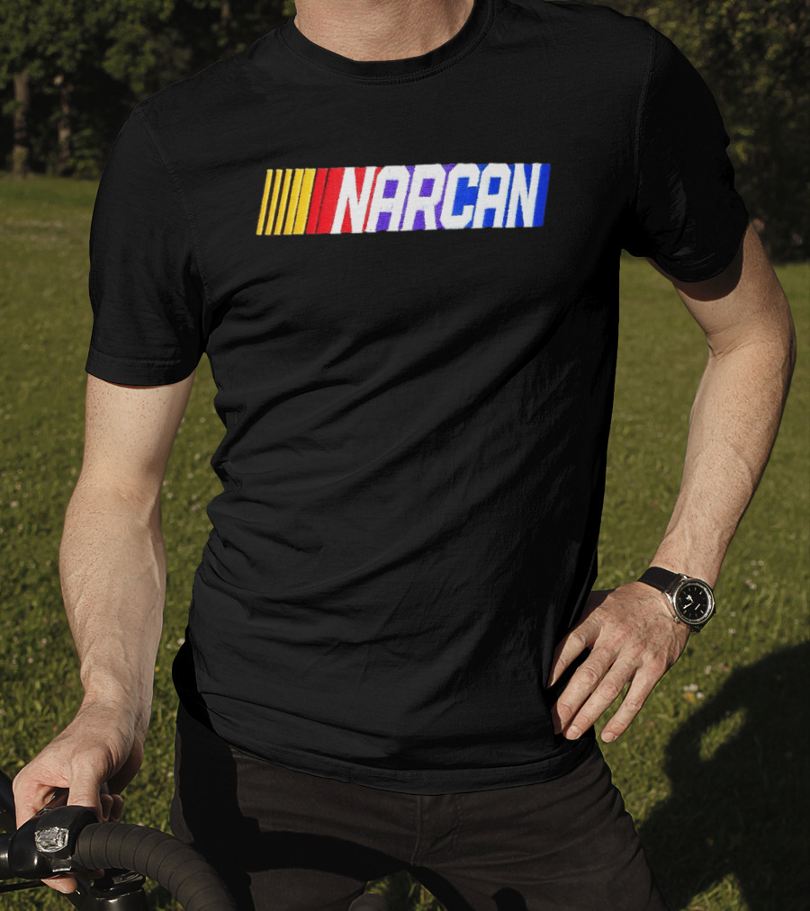 NASCAR Style NARCAN Text With Racing Stripes T-Shirt