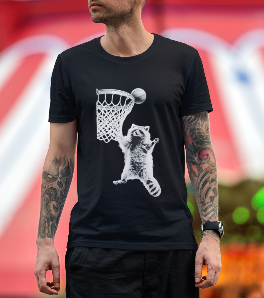 Raccoon Dunking Basketball Fun Animal Sports Play T-Shirt