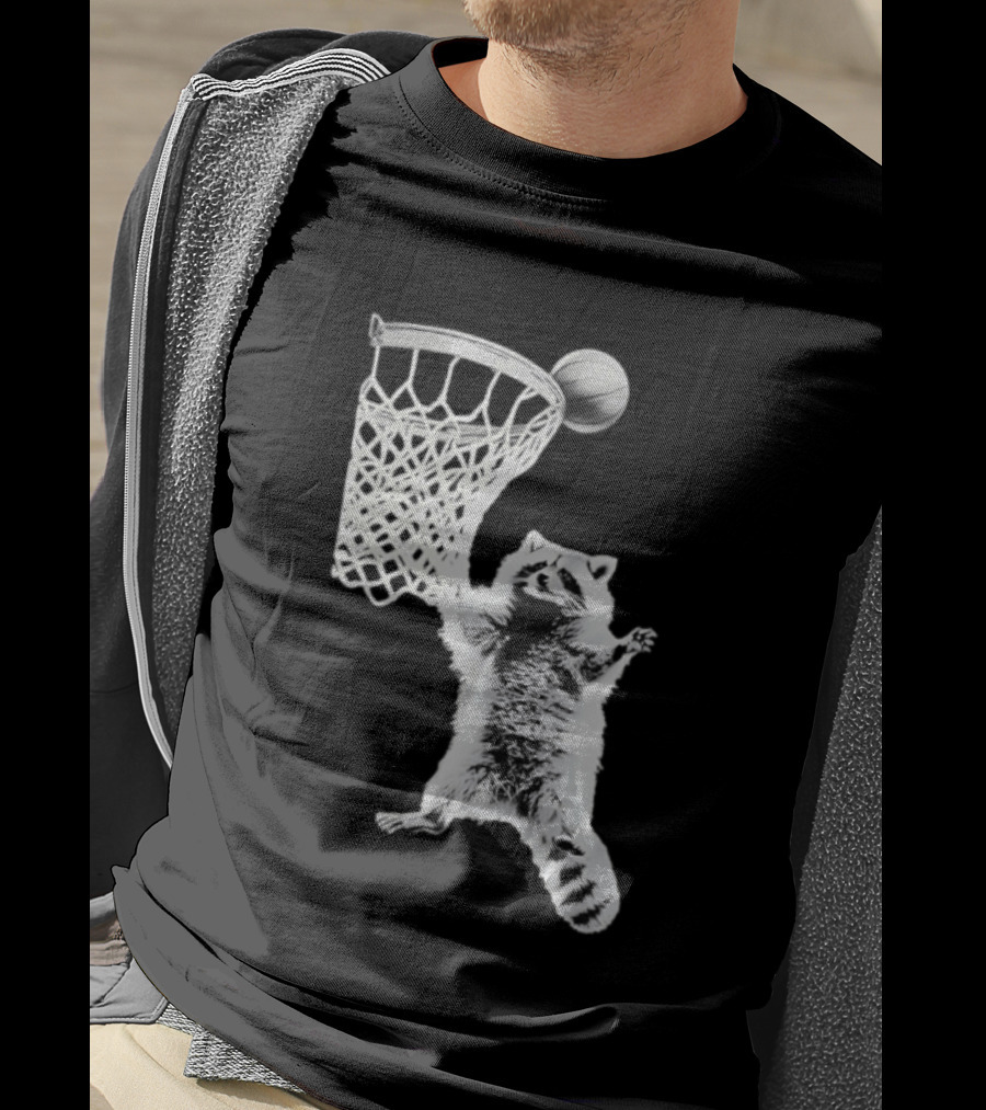 Raccoon Dunking Basketball Fun Animal Sports Play T-Shirt