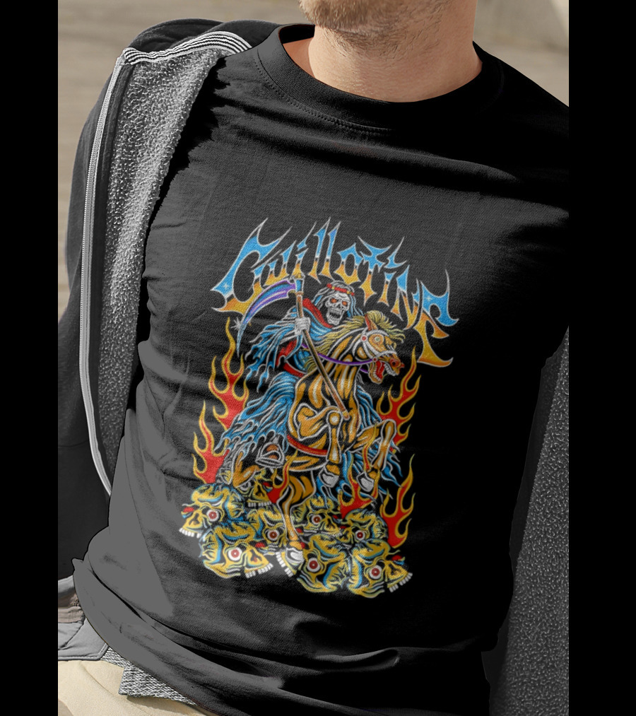 Guillotine Grim Reaper Riding Fiery Horse With Skull And Flames Heavy Metal Concert T-Shirt