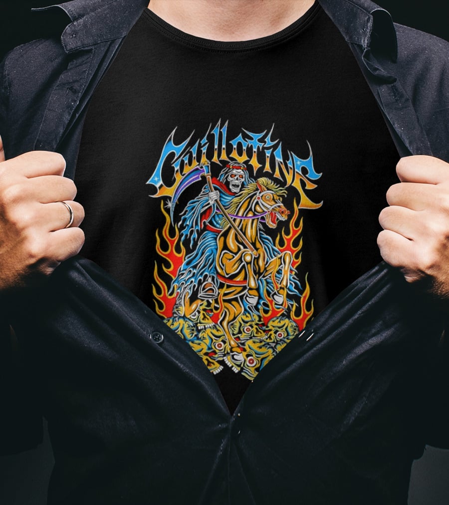 Guillotine Grim Reaper Riding Fiery Horse With Skull And Flames Heavy Metal Concert T-Shirt