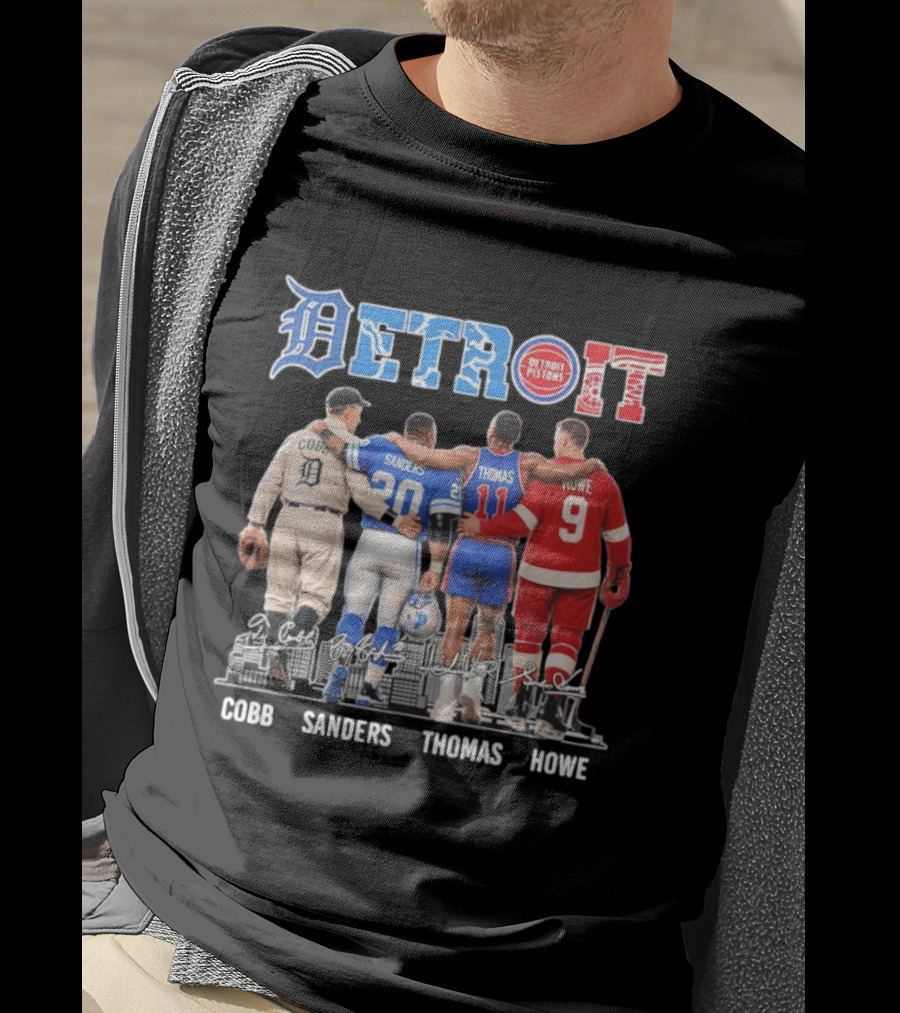 Detroit Icons Ty Cobb Barry Sanders Isiah Thomas Gordie Howe Signatures Skyline T-Shirt