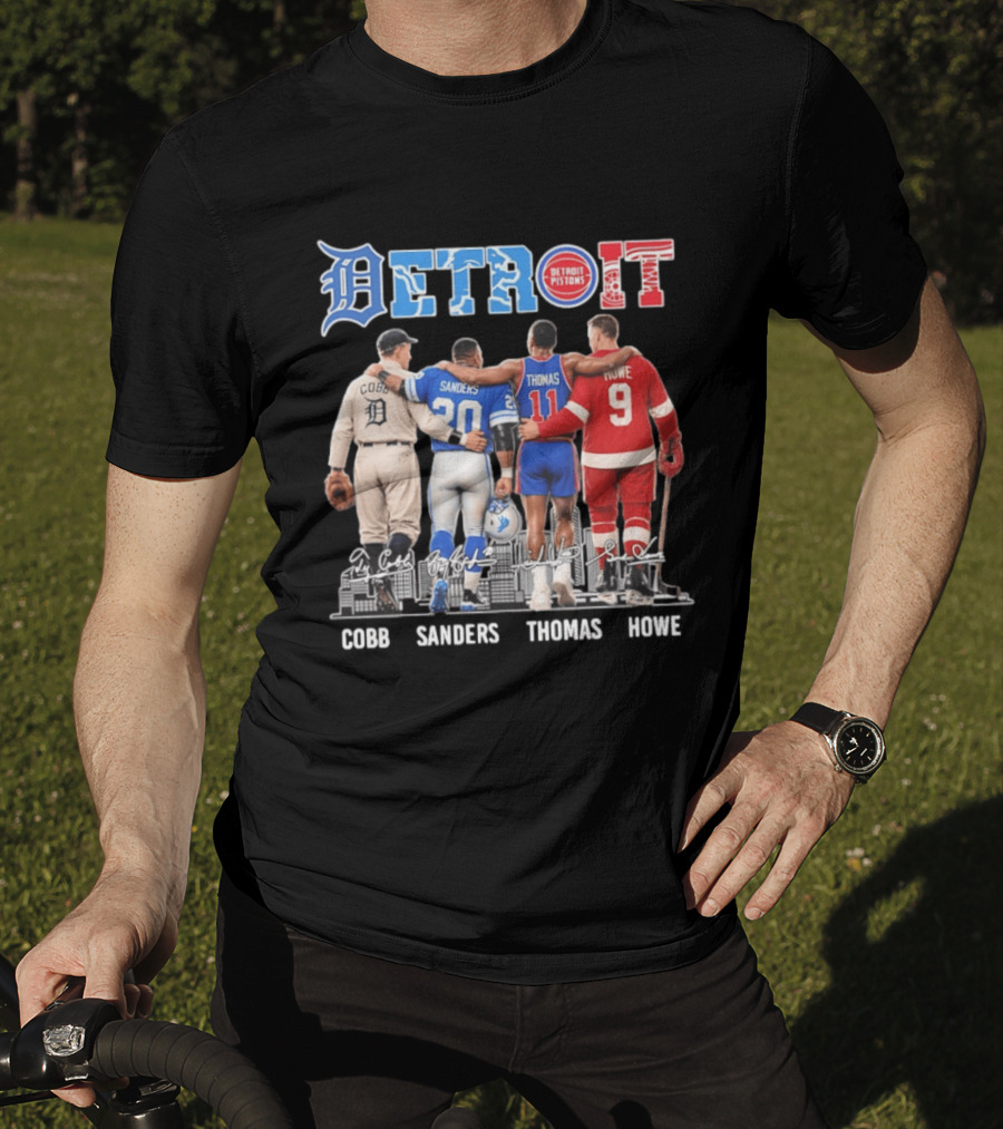 Detroit Icons Ty Cobb Barry Sanders Isiah Thomas Gordie Howe Signatures Skyline T-Shirt