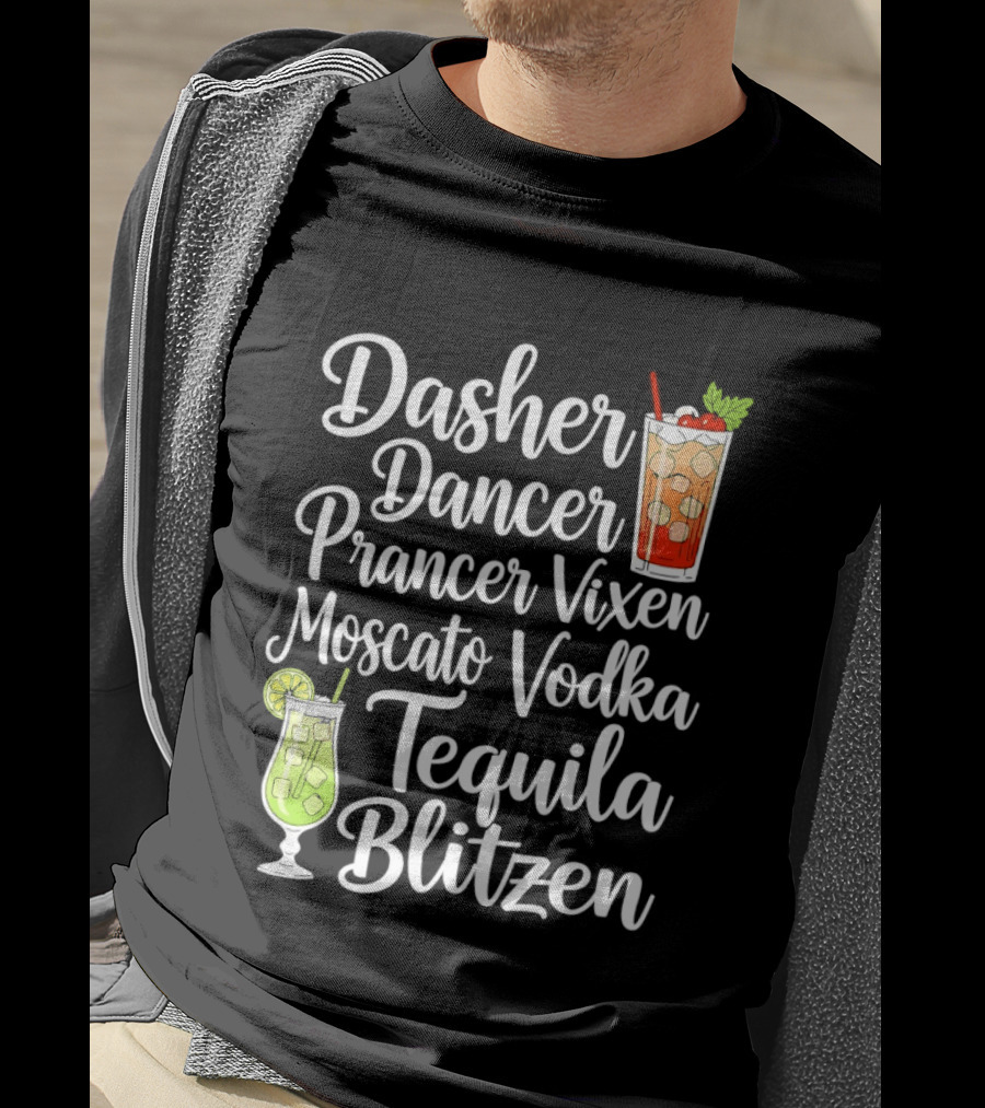 Dasher Dancer Prancer Vixen Moscato Vodka Tequila Blitzen Drinks Cocktail Glass T-Shirt