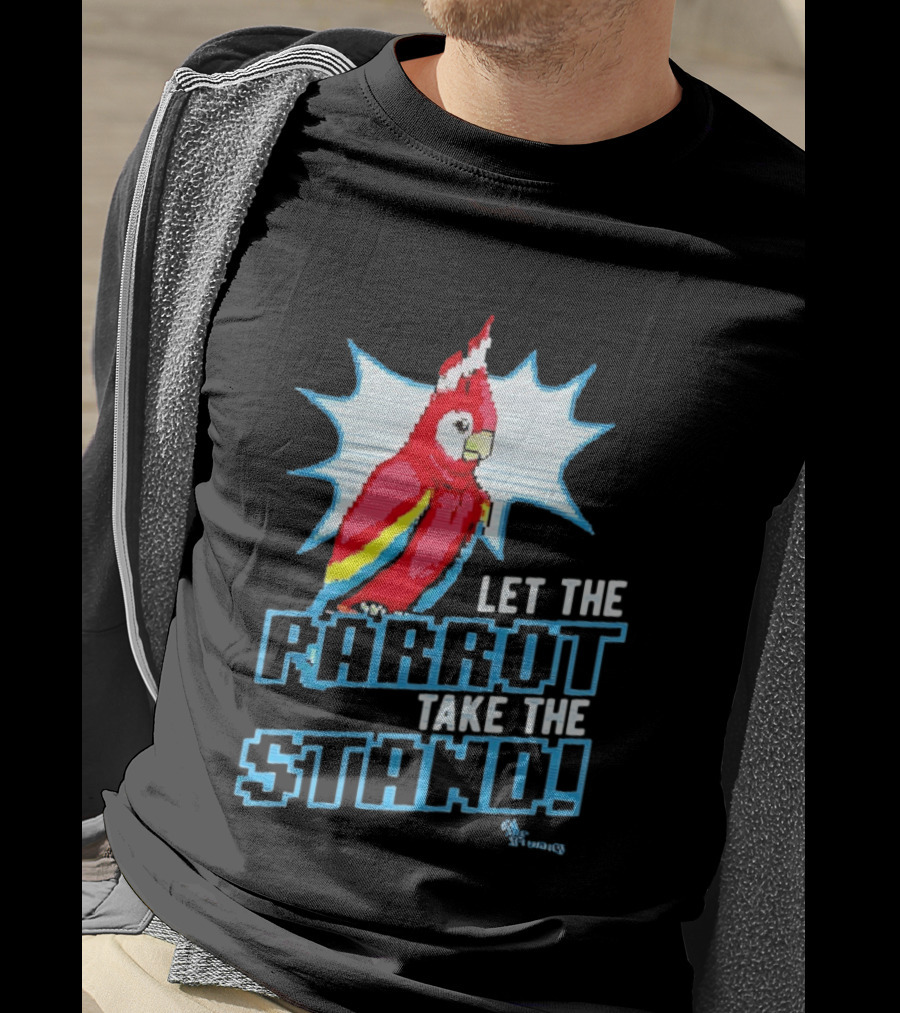 Let The Parrot Take The Stand Vibrant Red Bird With Santa Hat And Blue Starburst T-Shirt