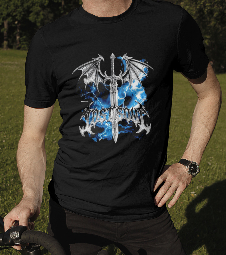 Lost Soul Gothic Sword With Wings And Blue Lightning T-Shirt