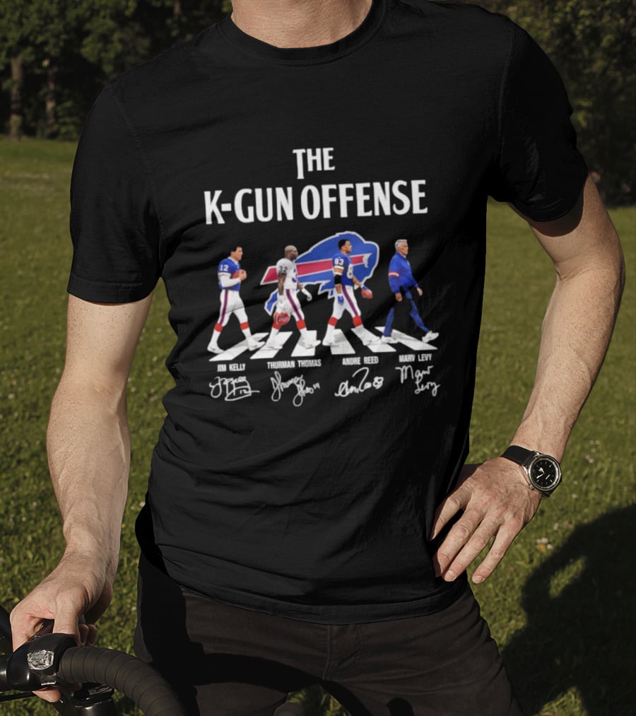 The K Gun Offense Buffalo Bills Jim Kelly Thurman Thomas Andre Reed Marv Levy Abbey Road With Signatures T-Shirt