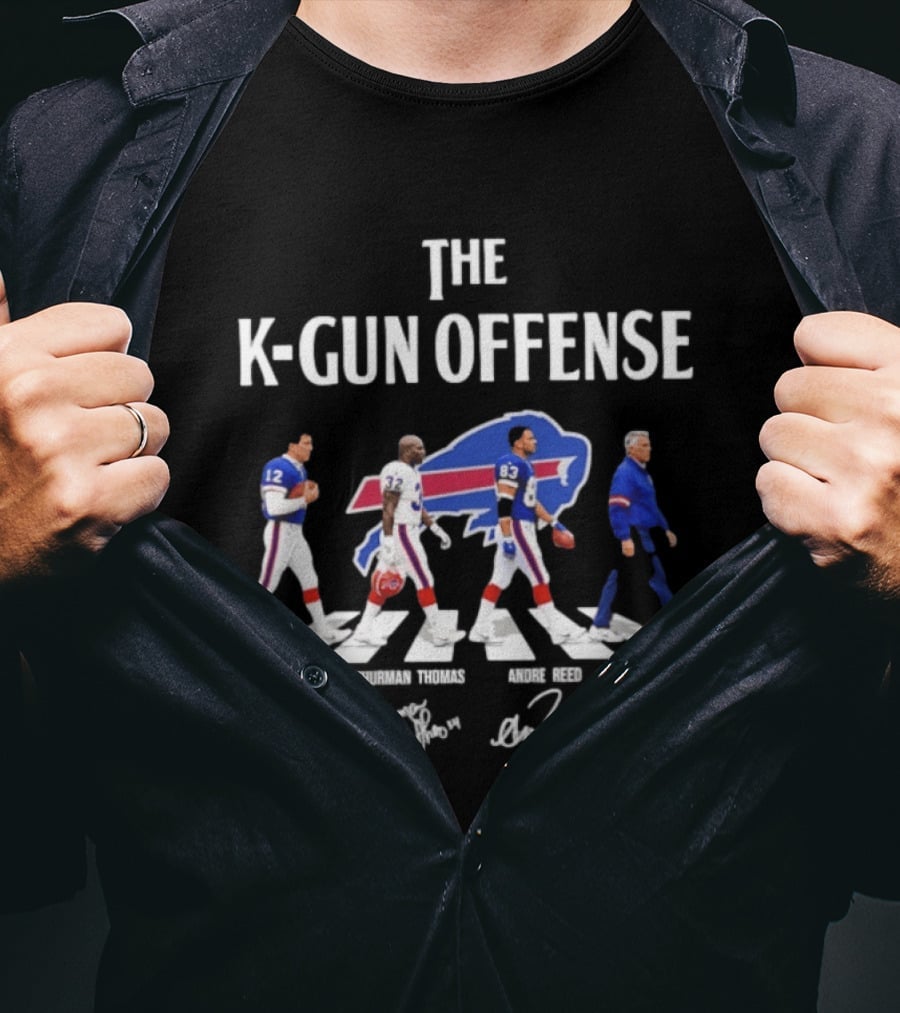 The K Gun Offense Buffalo Bills Jim Kelly Thurman Thomas Andre Reed Marv Levy Abbey Road With Signatures T-Shirt