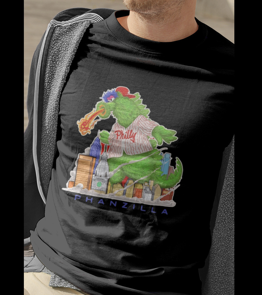 Phillie Phanatic Phanzilla Cityscape Fire Breathing Baseball T-Shirt
