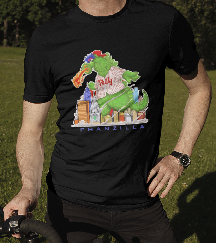 Phillie Phanatic Phanzilla Cityscape Fire Breathing Baseball T-Shirt