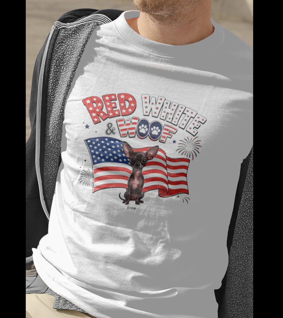 Chihuahua Red White And Woof US Flag Fireworks Celebration T-Shirt