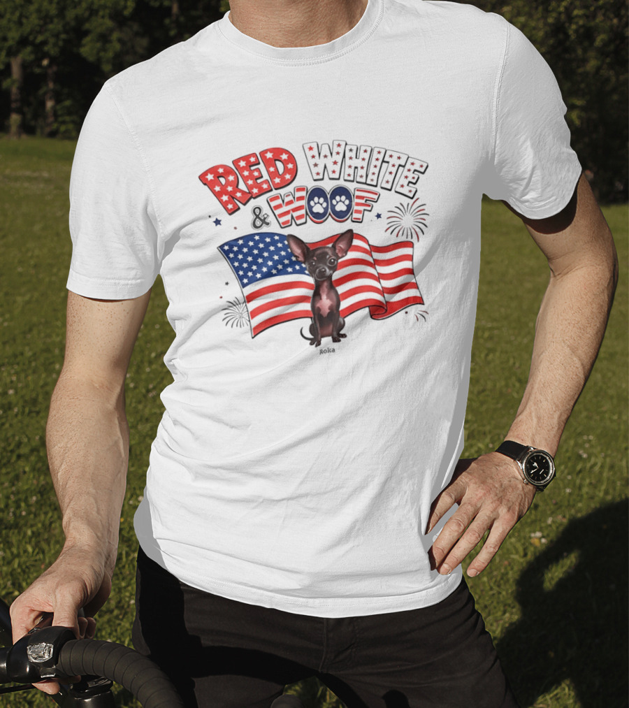 Chihuahua Red White And Woof US Flag Fireworks Celebration T-Shirt