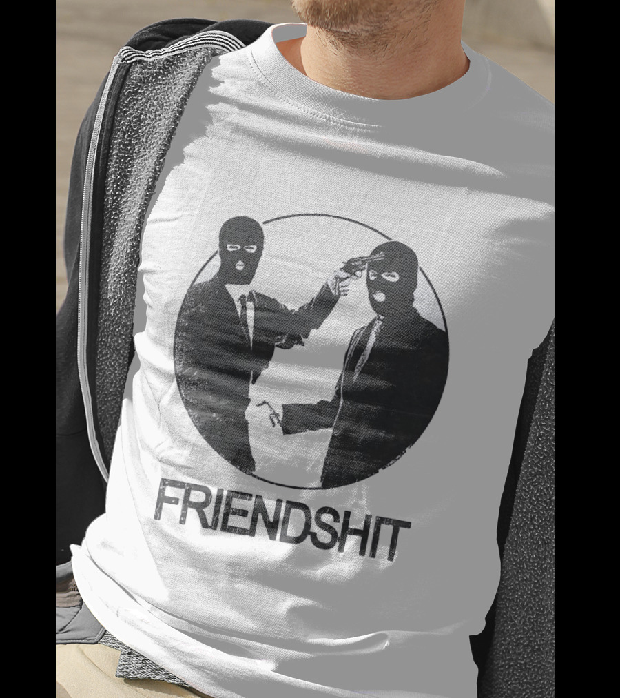 FRIENDSHIT Ski Mask Men Handshaking Gun Gesture T-Shirt