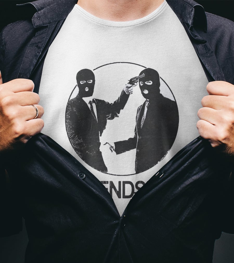 FRIENDSHIT Ski Mask Men Handshaking Gun Gesture T-Shirt