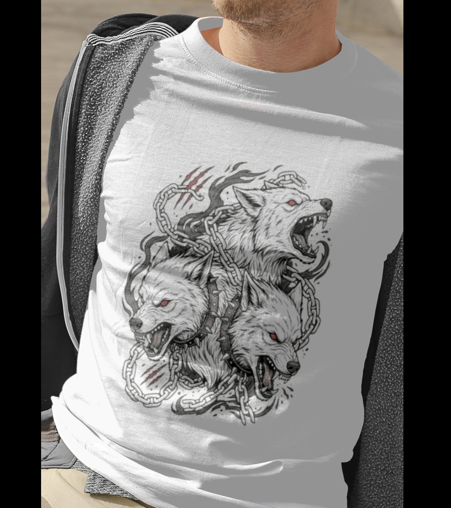 Three Headed Wolf Cerberus Mythology Red Eyes Fierce Gaze T-Shirt