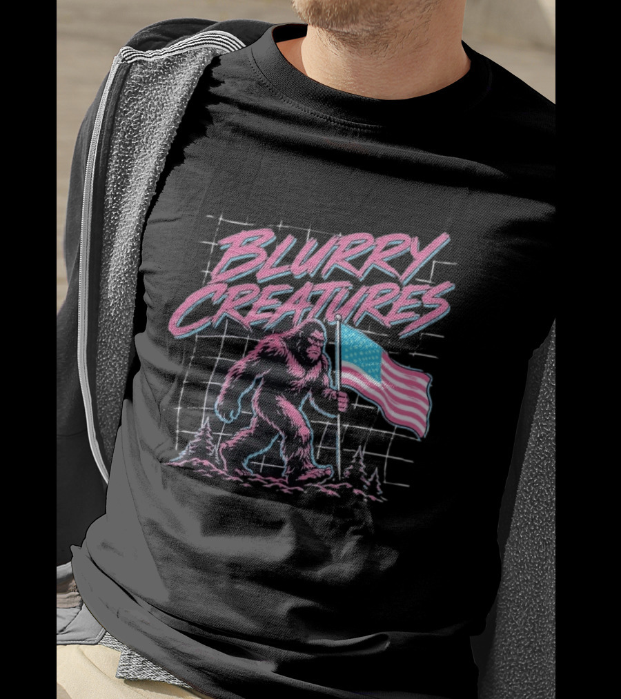 Blurry Creatures Bigfoot Holding American Flag With Retro Grid T-Shirt