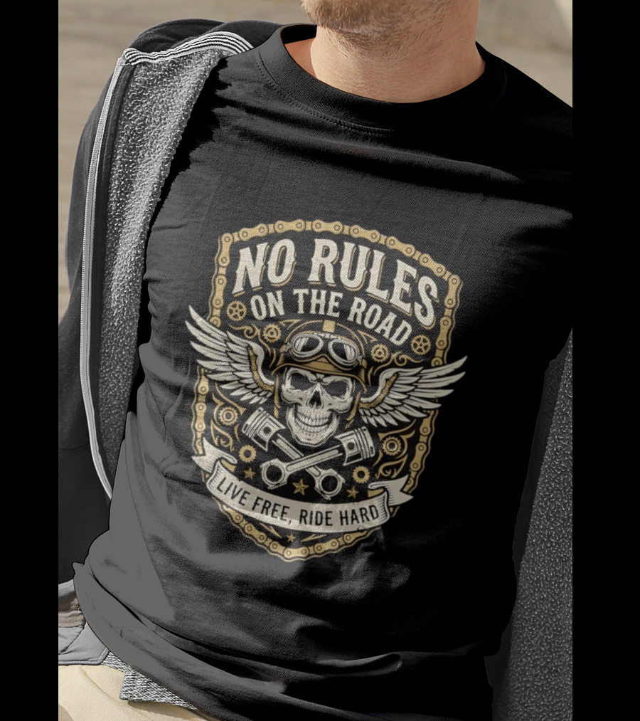 No Rules On The Road Live Free Ride Hard Skull Wings Goggles T-Shirt