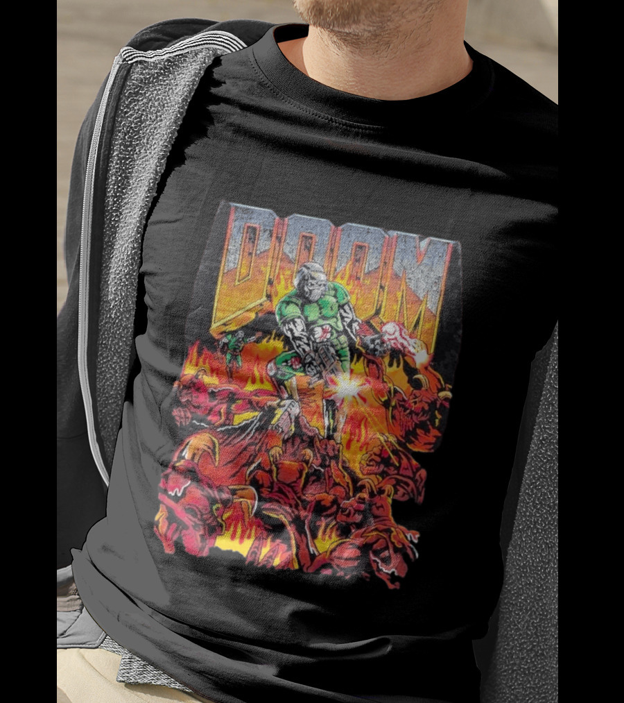 Doom Marine Warren Lotas Retro Video Game Demon Slayer Action Scene T-Shirt