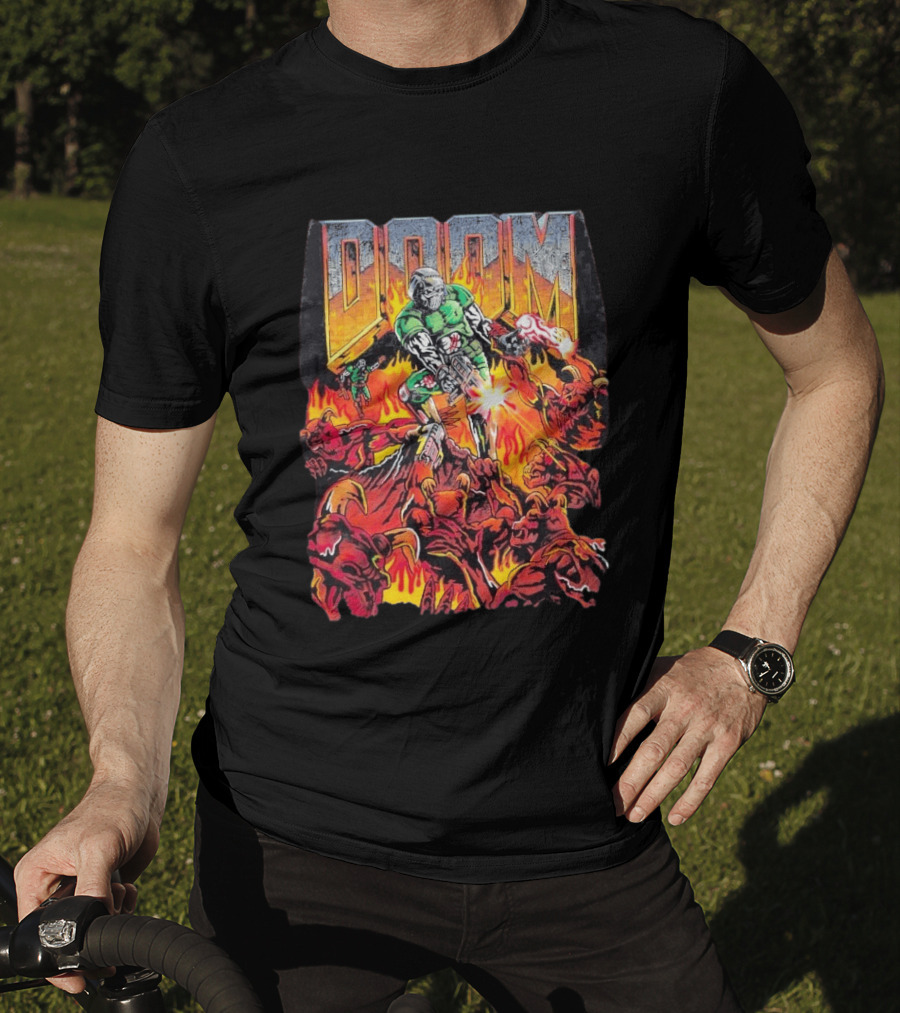 Doom Marine Warren Lotas Retro Video Game Demon Slayer Action Scene T-Shirt