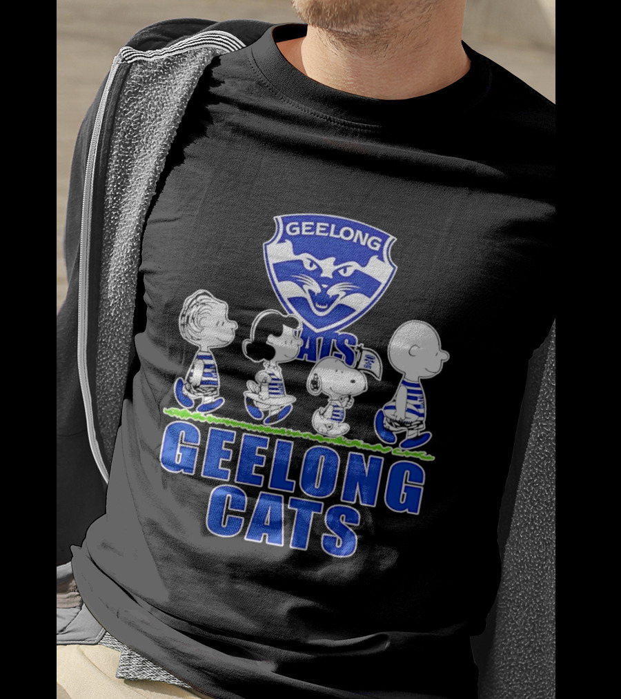Peanuts Snoopy Charlie Brown Lucy Schroeder Geelong Cats AFL Fan T-Shirt