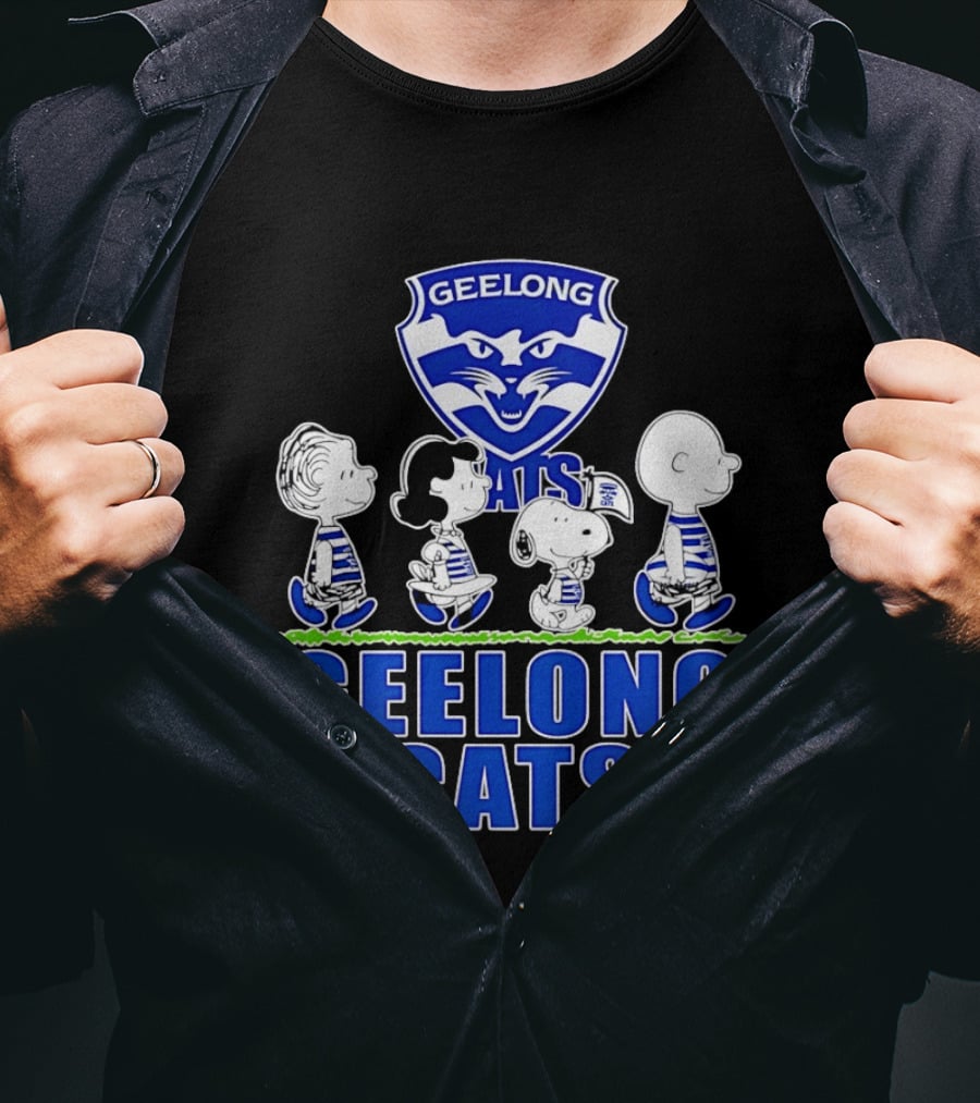 Peanuts Snoopy Charlie Brown Lucy Schroeder Geelong Cats AFL Fan T-Shirt