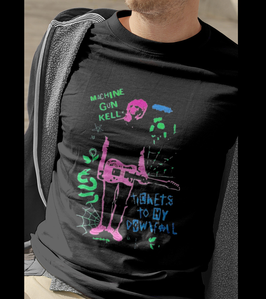 Machine Gun Kelly Skeleton Tickets To My Downfall Neon Pink Green Blue T-Shirt