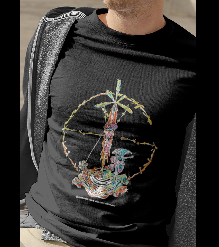 Psychedelic Skeleton Cross Barbed Wire Flowers T-Shirt