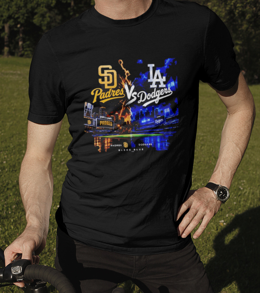 San Diego Padres Vs Los Angeles Dodgers Bleed Blue Petco Park Stadium Lightning T-Shirt