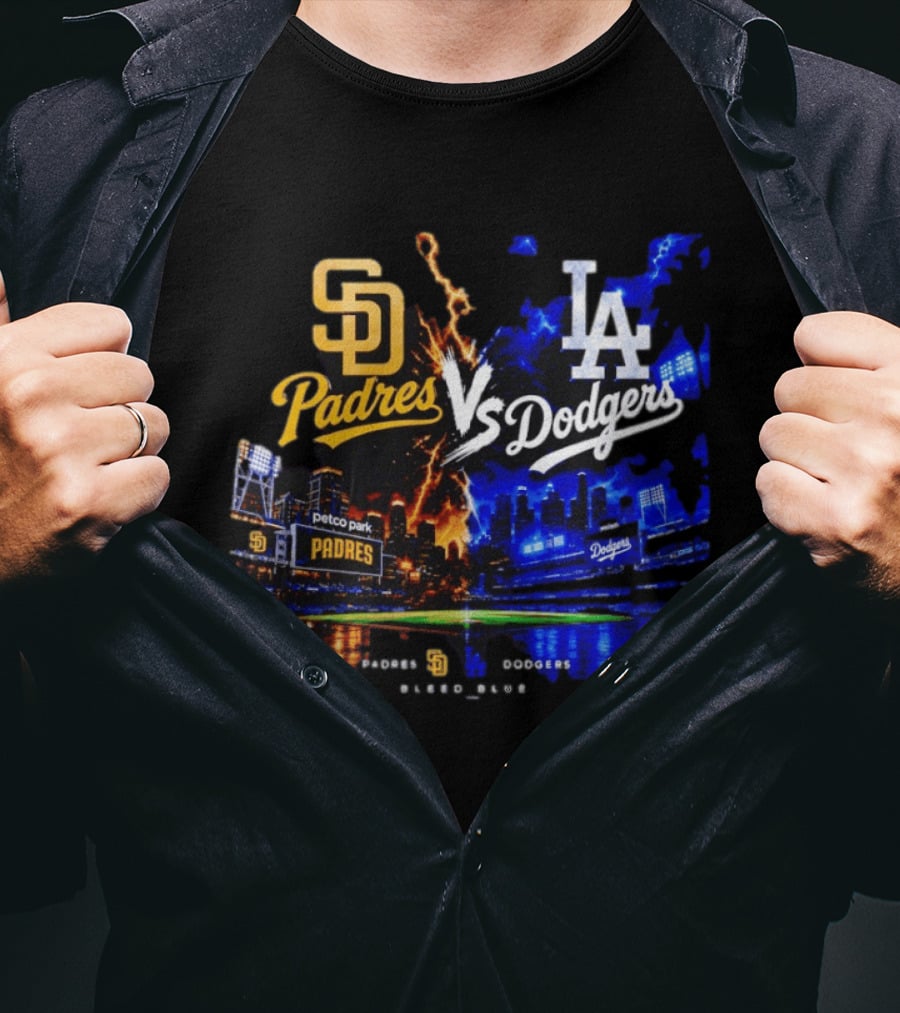 San Diego Padres Vs Los Angeles Dodgers Bleed Blue Petco Park Stadium Lightning T-Shirt