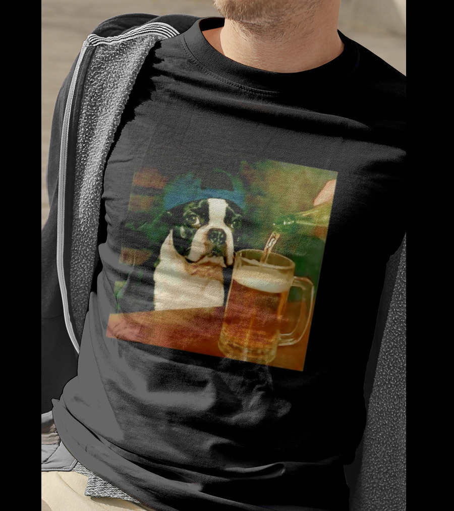 Boston Terrier Baseball Cap Drinking Beer T-Shirt