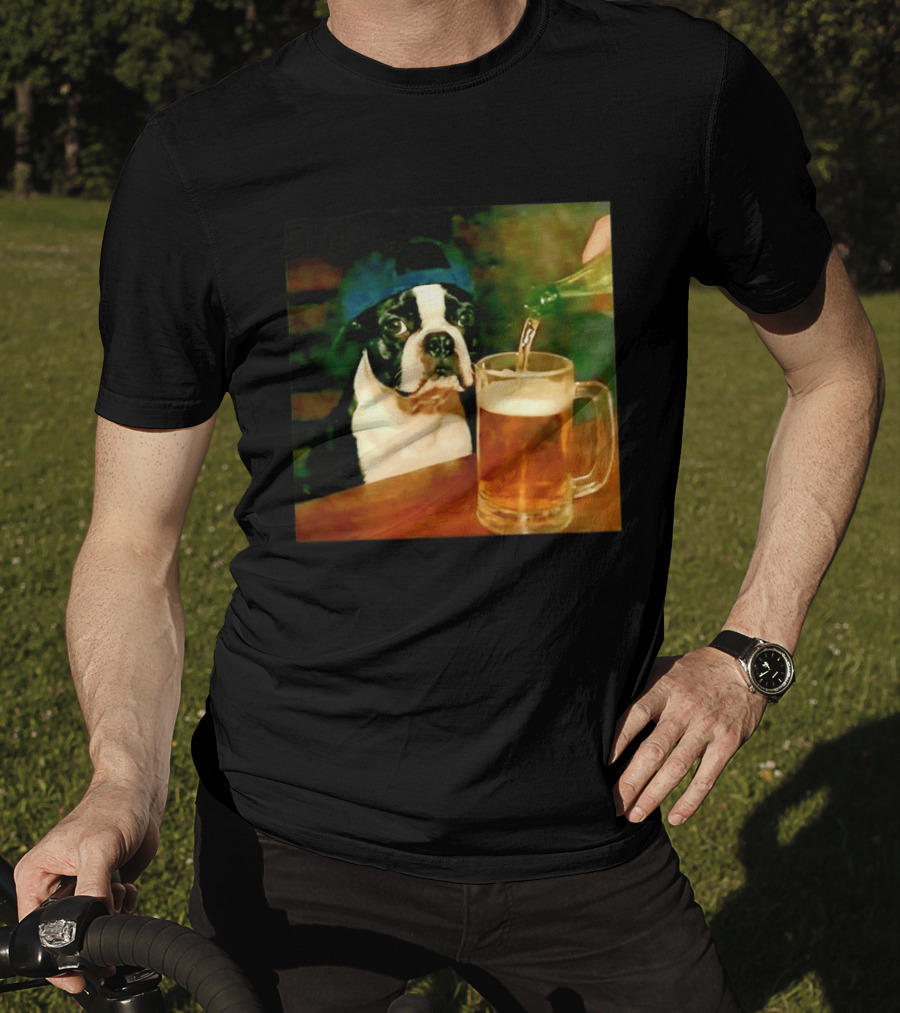 Boston Terrier Baseball Cap Drinking Beer T-Shirt