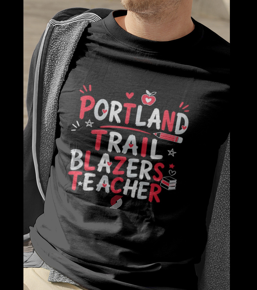 Portland Trail Blazers Teacher Heart Pencil Books T-Shirt