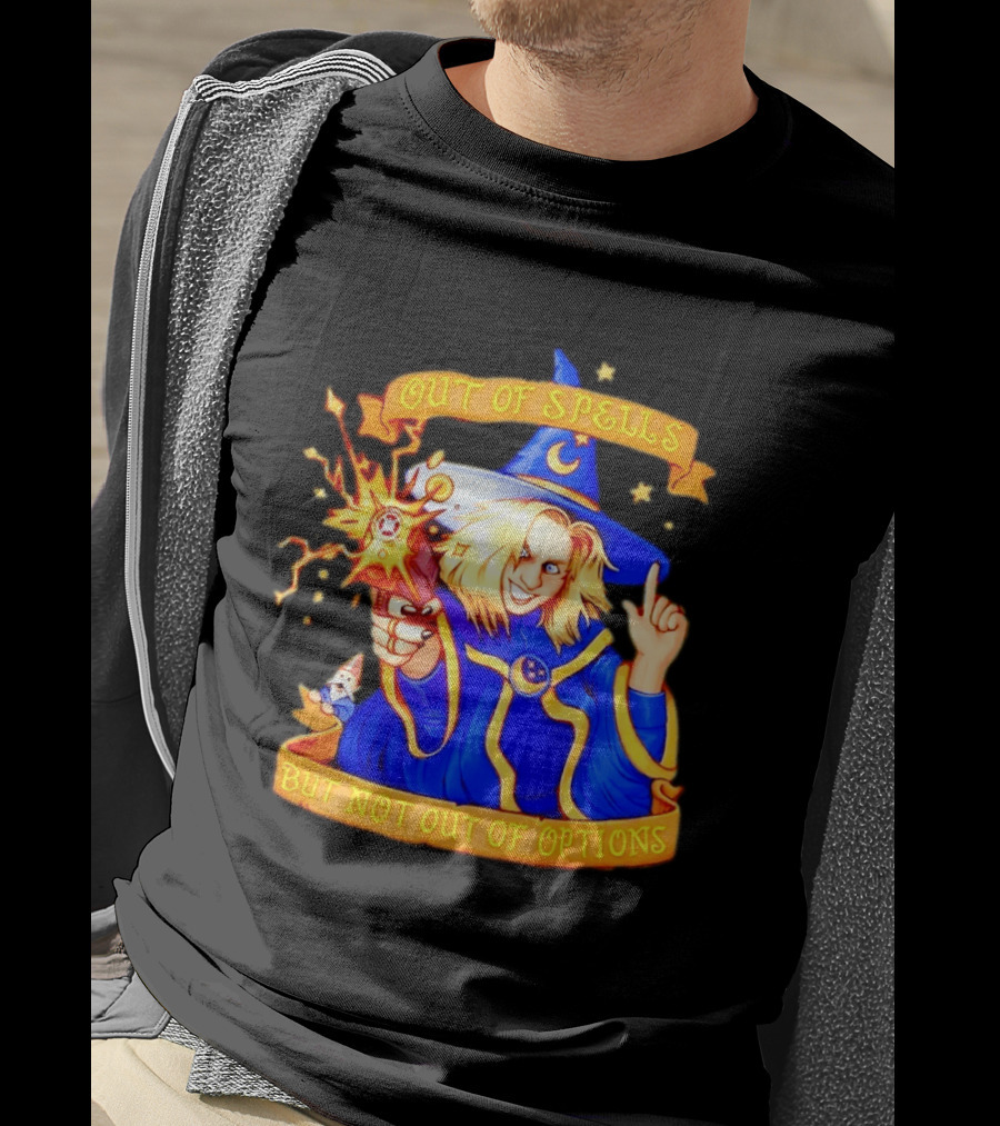 Greg The Sorcerer Out Of Spells Not Out Of Options Enchanting Wizard With Wand And Magic Aura T-Shirt