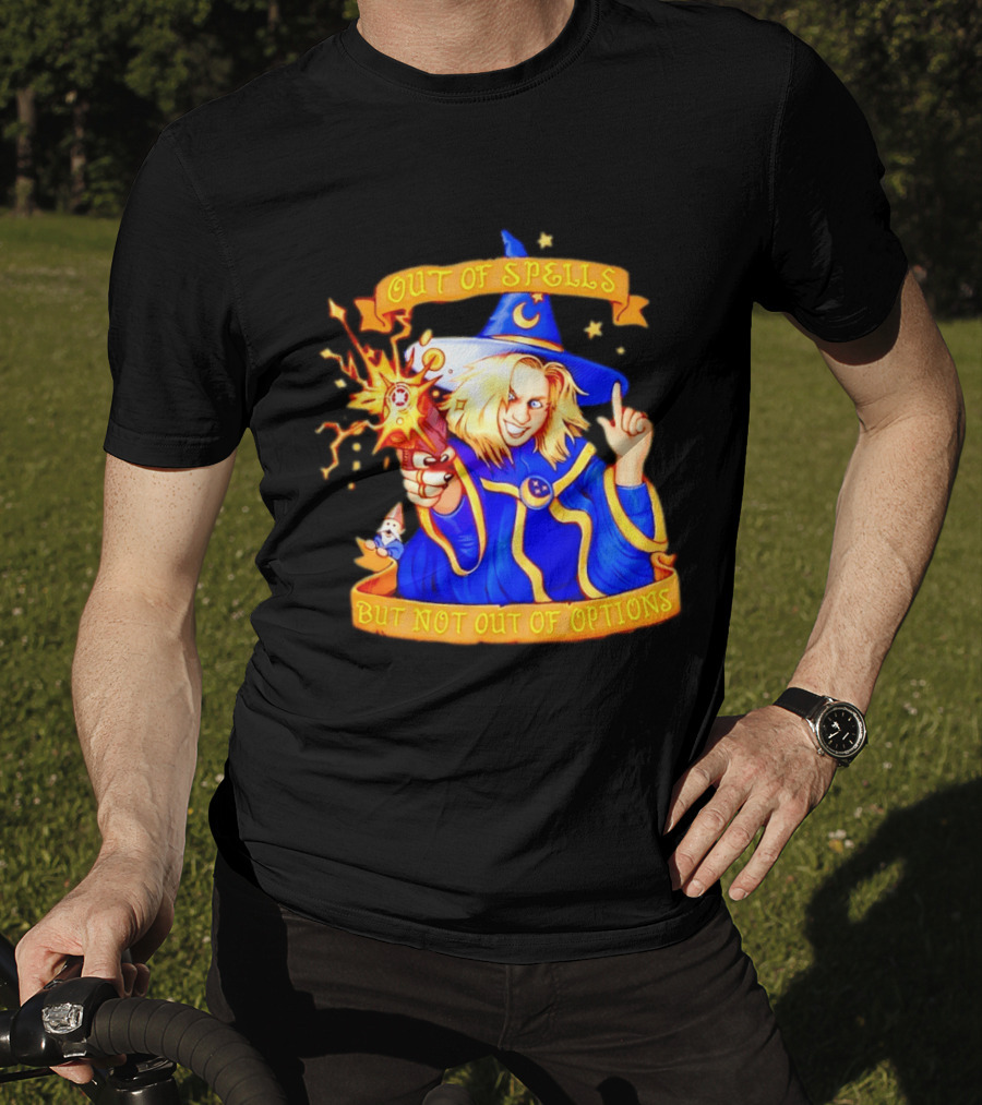 Greg The Sorcerer Out Of Spells Not Out Of Options Enchanting Wizard With Wand And Magic Aura T-Shirt