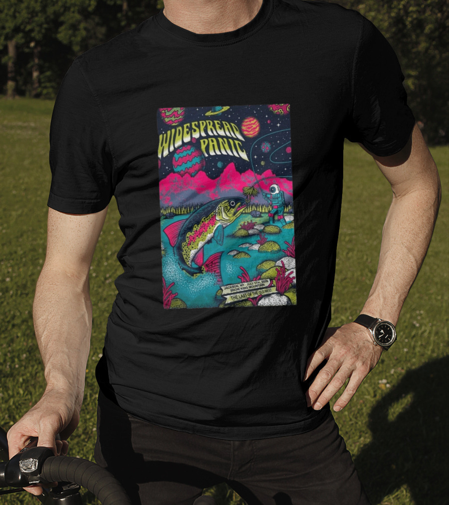 Widespread Panic Jul 5 2026 Snow King Mountain Jackson WY Cosmic Fishing Astronaut And Giant Fish Fantasy Scene T-Shirt